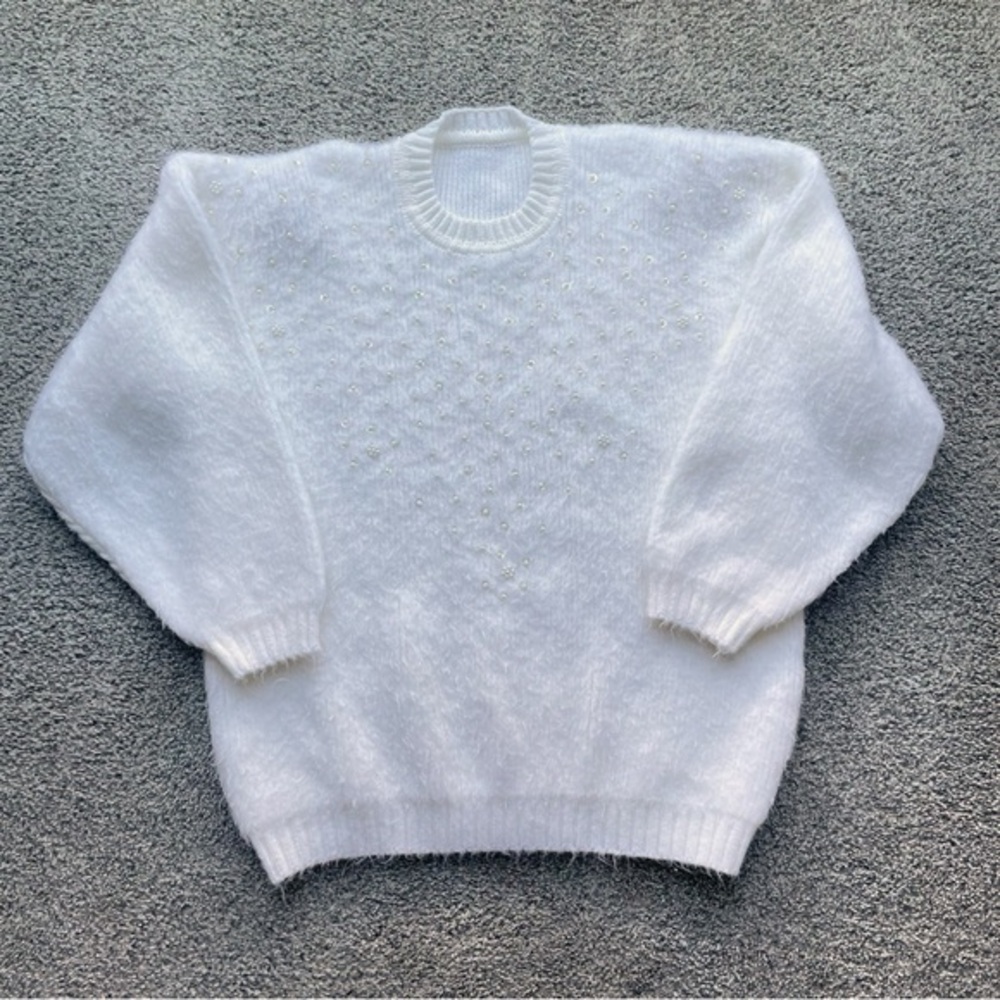 Handmade Knit Pearl Beaded Sweater Women’s Large Cream Soft Fuzzy Feminine Cozy